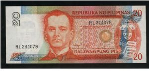 20 Piso.

President M. Quezon at left center, arms at right on face; Malakanyang Palace on back.

Pick #170c Banknote