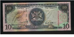 10 Dollars.

Arms at center, piping guan on branch at left on face; twin towered modern building at center, cargo ship dockside at right on back.

Pick #43 Banknote