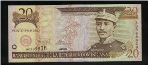 20 Pesos Oro.

Gregorio Luperon at right on face; Panteon Nacional building at left on back.

Pick #160a Banknote