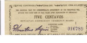 S-531 Mindanao 5 Centavos note. Banknote