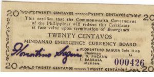 S-533 Mindanao 20 Centavos note. Banknote