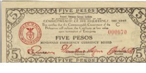 S-537 Mindanao 5 Peso note. Banknote