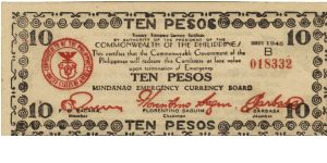 S-538 Mindanao 10 Peso note. Banknote