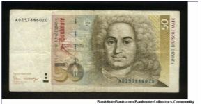 50 Deutsche Mark.

Balthasar Neumann (1687-1753) at right on face; architectural drawing of Bishop's residence in Wurzburg at left center, building blueprint at lower right in watermark area on back.

Pick #40a Banknote