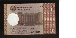 1 Diram.

Sadriddin Ayni Theatre and Opera house at center on face; Pamir mountains on back.

Pick #10 Banknote