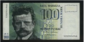 100 Markkaa.

Jean Sibelius at left, latent image at upper right on face; swans at center on back.

Pick #119 Banknote