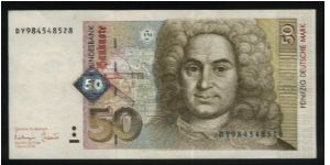 50 Deutsche Mark.

Balthasar Neumann (1687-1753) at right, kinegram foil added at left center on face; architectural drawing of Bishop's residence in Wurzburg at left center, building blueprint at lower right in watermark area on back.

Pick #45 Banknote