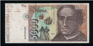 5,000 Pesetas.

Issued for the 5th Centennial of the Discovery of America by Spain; 1492-1992.

Christopher Columbus at right on face; astrolabe at lower center on vertical format on back.

Pick #165 Banknote