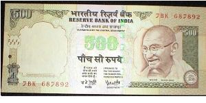 500 Rupees. YV Reddy signature. Mahatma Gandhi. Dandi march. Banknote