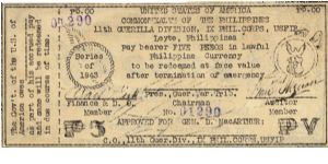 Extremely RARE 11th Guerilla Division IX Phil Corps, USFIP 5 Pesos note Banknote