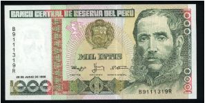 1,000 Intis.

Mariscal Andres Avelino Caceres at right on face; ruins off Chan Chan on back.

Pick #136b Banknote