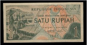 1 Rupiah.

Harvesting scene at left, great 1 at right on face; some fruits on back.

Pick #78 Banknote