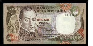 2,000 Pesos.

Simon Bolivar at left on face; scene at Paso del Paramo de Pisba at center right on back.

Pick #439b Banknote
