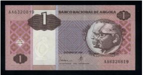 1 Kwanza.

Portrait of conjoined busts of Jose Eduardo dos Santos and Antonio Agostinho Neto at right on face; women picking cotton, arms at lower left and mask at upper right on back.

Pick #143 Banknote