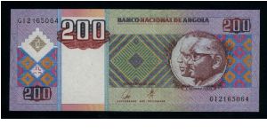 200 Kwanzas.

Portrait of conjoined busts of Jose Eduardo dos Santos and Antonio Agostinho Neto at right on face; view of Luanda and the Avenida 4 de Fevereiro at center, arms at lower left and mask at upper right on back.

Pick #148 Banknote