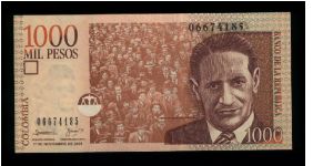 1,000 Pesos.

Reduced Size.

Jorge Eliecer Gaitan at right, crowd at center on face; Gaitan with right arm raised, crowd behind at center on back.

Pick #NEW Banknote