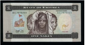 1 Nakfa.

Three girls at center, flag raising at left on face; children in bush school at center right on back.

Pick #1 Banknote