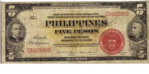 Pi-83b Rare 5 Peso U.S.A. War Department Issue note. Banknote