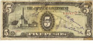 PI-110 Great 5 Peso Japan note with soldiers signatures. Banknote