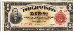PI-89a Treasury Certificate 1 Peso note. Banknote