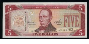 5 Dollars.

Edward J. Roye at center, arms at left on face; female farmer harvesting rice on back.

Pick #21 Banknote