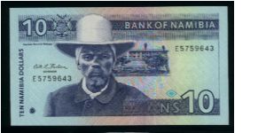 10 Namibia Dollars.

Captain H. Wittbooi at left center, arms at upper left on face; springbok at right on back.

Pick #1a Banknote