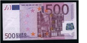 500 Euro.

Serial -X- prefix (Germany).

Modern 20th century architecture on face and back.

Old Signature: W. Duisenberg.

Pick #7x Banknote