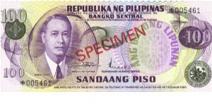 Republika Ng Pilipinas 100 Pesos Specimen note. Banknote