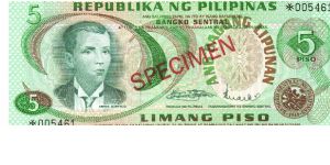 Republika Ng Pilipinas 5 Pesos Specimen note. Banknote