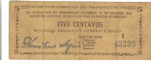 S-481b Mindanao 5 Centavos note. Banknote