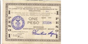 S-523d Mindanao One Pesos note. Banknote