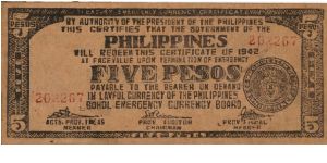 S-136g Bohol 5 Pesos note. Banknote
