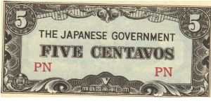 P-103a, 2 Block letters PN, Philippine 5 Centavos note under Japan rule. Banknote