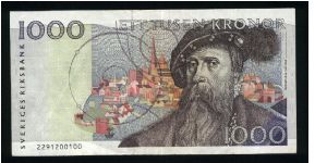 1,000 Kronor.

King Gustav Vasa at right on face; medieval harvest and threshing scene at left center on back.

Pick #60 Banknote