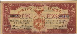 S-114a Rare low consecutive numbered Apayao 5 Pesos note, 1 - 2. Banknote