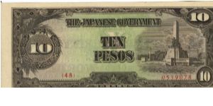 Rare series of 3 consecutive serial number Philippine 10 Pesos notes under Japan rule with Co-Prosperity overprint, 1 - 3. Banknote