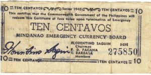 S-502 Rare consecutive numbered Mindanao Emergency 10 Centavos Currency notes, 2 - 2. Banknote