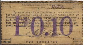 S-161a Cagayan 10 centavos note with revenue stamp on reverse. Banknote