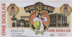 AA Series Movie World 
1 Dollar 
No:AA74533 Dated 1991

This Note Is Legal Tender Only At Warner Bros Movie World Gold Coast,Australia.

OFFER VIA EMAIL Banknote