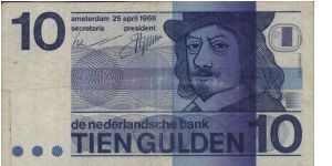 10 Gulden 

dated 25 April 1968

De Nederlandsche Bank,Amsterdam

Obverse:
Dk.blue on violet and m/c unpt.Stylized self-portrait of Frans Hals 

Reverse:
Modern design 

Series no:3146203773

Watermark:
Cornucopia

BID VIA EMAIL Banknote