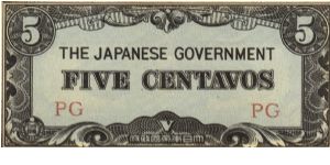 P-103a Philippine 5 Centavos note under Japan rule, block letters PG Banknote