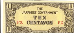 P-104a Philippine 10 Centavos note under Japan rule with block letters PX. Banknote
