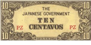 P-104a Philippine 10 Centavos note under Japan rule with block letters PZ. Banknote