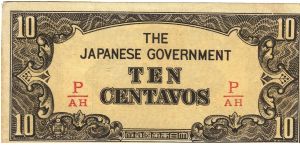 P-104b Philippine 10 Centavos note under Japan rule with fractional block letters P/AH. Banknote