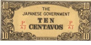 P-104b Philippine 10 Centavos note under Japan rule with fractional block letters P/AJ. Banknote