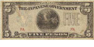 P-107a Philippine 5 Pesos note under Japan rule with block letters PA. Banknote