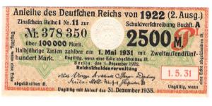 1922 2500 Mark / 1-5-31
Bond Coupon Banknote