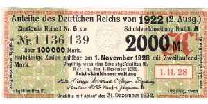 1922 german Bond coupon for 2000 Mark
Nr 1 136 139 Banknote