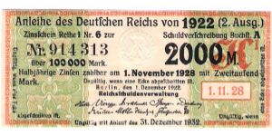 1922 german Bond Coupon for 2000 Mark Nr 914 313 Banknote