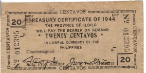 S-332 Unlisted Iloilo 20 centavos note with 3 sets of initials. Banknote